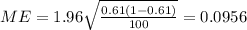 ME=1.96 \sqrt{\frac{0.61 (1-0.61)}{100}}=0.0956