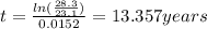 t = \frac{ln(\frac{28.3}{23.1})}{0.0152}=13.357 years