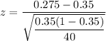 z=\dfrac{0.275-0.35}{\sqrt{\dfrac{0.35(1-0.35)}{40}}}