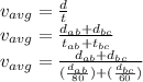 v_{avg} = \frac{d}{t} \\v_{avg} = \frac{d_{ab} + d_{bc}}{t_{ab} + t_{bc}}\\v_{avg} = \frac{d_{ab} + d_{bc}}{(\frac{d_{ab}}{80} ) + (\frac{d_{bc}}{60} ) }