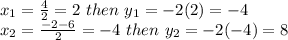 x_ {1} = \frac {4} {2} = 2 \ then \ y_ {1} = - 2 (2) = - 4\\x_ {2} = \frac {-2-6} {2} = - 4 \ then \ y_ {2} = - 2 (-4) = 8