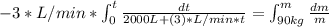 -3*L/min*\int_{0}^{t}\frac{dt}{2000L+(3)*L/min*t}=\int_{90kg}^{m}\frac{dm}{m}