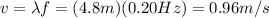 v=\lambda f=(4.8 m)(0.20 Hz)=0.96 m/s