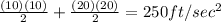 \frac{(10)(10)}{2}+ \frac{(20)(20)}{2}=250 ft/sec^{2}