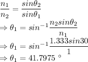 \dfrac{n_1}{n_2}=\dfrac{sin\theta_2}{sin\theta_1}\\\Rightarrow \theta_1=sin^{-1}\dfrac{n_2sin\theta_2}{n_1}\\\Rightarrow \theta_1=sin^{-1}\dfrac{1.333sin30}{1}\\\Rightarrow \theta_1=41.7975\ ^{\circ}