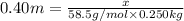 0.40 m=\frac{x}{58.5 g/mol\times 0.250 kg}