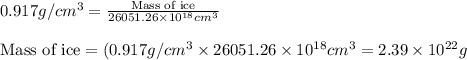 0.917g/cm^3=\frac{\text{Mass of ice}}{26051.26\times 10^{18}cm^3}\\\\\text{Mass of ice}=(0.917g/cm^3\times 26051.26\times 10^{18}cm^3=2.39\times 10^{22}g