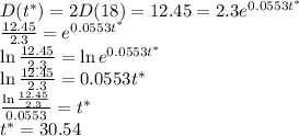 D(t^*)=2D(18)=12.45=2.3e^{0.0553t^*}\\\frac{12.45}{2.3}=e^{0.0553t^*}\\\ln\frac{12.45}{2.3}=\ln e^{0.0553t^*}\\\ln\frac{12.45}{2.3}=0.0553t^*\\\frac{\ln\frac{12.45}{2.3}}{0.0553}=t^*\\t^*=30.54