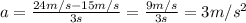 a=\frac{24 m/s-15 m/s}{3 s}=\frac{9 m/s}{3s}=3 m/s^2