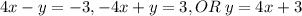 \displaystyle 4x - y = -3, -4x + y = 3, OR\:y = 4x + 3