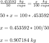\frac{0.453592}{50}\frac{kg}{cups} =\frac{x}{100}\frac{kg}{cups}\\ \\50*x=100*.453592\\ \\x =0.453592*100/50\\ \\x=0.907184\ kg