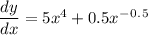 \dfrac{dy}{dx} = 5x^4+0.5x^-^0^.^5