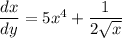 \dfrac{dx}{dy} = 5x^4 +   \dfrac{1}{2 \sqrt{x} }