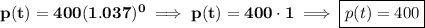 \bf p(t)=400(1.037)^0\implies p(t)=400\cdot 1\implies \boxed{p(t)=400}
