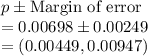 p\pm \text{Margin of error}\\= 0.00698\pm 0.00249\\=(0.00449,0.00947)