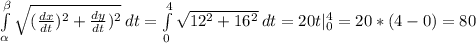\int\limits^\beta_\alpha\sqrt{(\frac{dx}{dt})^2+\frac{dy}{dt})^2}\:dt=\int\limits^4_0\sqrt{12^2+16^2}\:dt=20t|^4_0 = 20*(4-0)=80