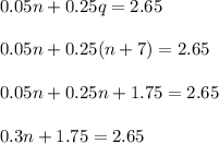 0.05n+0.25q = 2.65\\\\0.05n+ 0.25(n+7) =2.65\\\\0.05n+0.25n+1.75= 2.65\\\\0.3n+1.75 =2.65