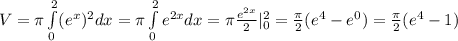 V=\pi\int\limits^2_0(e^x)^2dx=\pi\int\limits^2_0e^{2x}dx=\pi \frac{e^{2x}}{2} |^2_0 = \frac{\pi}{2}  (e^4-e^0)=\frac{\pi}{2} (e^4-1)