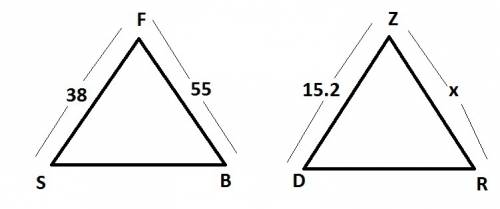 △fsb∼△zdr . what is the value of x?  enter your answer in the box.  triangle f s b with f s equal to