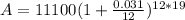 A=11100(1+\frac{0.031}{12})^{12*19}