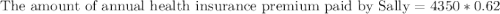 \text{The amount of annual health insurance premium paid by Sally}=4350*0.62