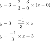 y-3=\dfrac{2-3}{3-0}\times (x-0)\\\\\\y-3=\dfrac{-1}{3}\times x\\\\y=\dfrac{-1}{3}\times x+3