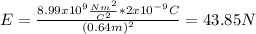 E = \frac{8.99 x10^{9} \frac{Nm^2}{C^2} * 2x10^{-9} C}{(0.64m)^2} =43.85N