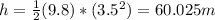 h=\frac{1}{2} (9.8)*(3.5^2)=60.025m