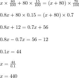 x \times \frac{80}{100} + 80 \times \frac{15}{100} = (x+80) \times \frac{70}{100}\\\\0.8x + 80 \times 0.15 = (x+80) \times 0.7\\\\0.8x+12 = 0.7x+56\\\\0.8x-0.7x=56-12\\\\0.1x = 44\\\\x = \frac{44}{0.1}\\\\x = 440