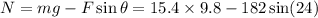N=mg-F\sin \theta =15.4\times 9.8-182\sin (24)