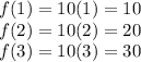 f(1)=10(1)=10\\f(2)=10(2)=20\\f(3)=10(3)=30