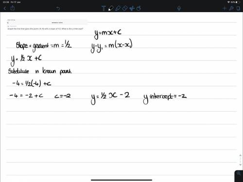 Graph the line that goes the point (-4,-4) with a slope of 1/2. what is the y-intercept?