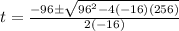 t=\frac{-96 \pm \sqrt{96^2 - 4(-16)(256)}}{2(-16)}