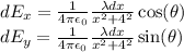 dE_x = \frac{1}{4\pi\epsilon_0}\frac{\lambda dx}{x^2 + 4^2}\cos(\theta)\\dE_y = \frac{1}{4\pi\epsilon_0}\frac{\lambda dx}{x^2 + 4^2}\sin(\theta)