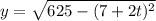 y=\sqrt{625-(7+2 t)^{2}}