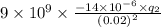 9 \times 10^{9} \times \frac{-14 \times 10^{-6} \times q_{2}}{(0.02)^{2}}