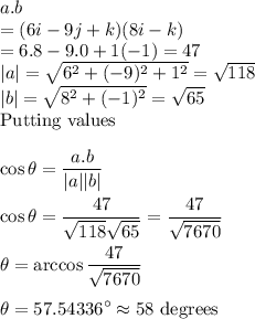 a.b\\= ( 6i- 9j + k)(8i - k)\\=6.8 -9.0 +1(-1) = 47\\|a| = \sqrt{6^2 + (-9)^2+1^2} = \sqrt{118}\\|b| = \sqrt{8^2 + (-1)^2} = \sqrt{65}\\\text{Putting values}\\\\\cos \theta = \displaystyle\frac{a.b}{|a||b|}\\\\\cos \theta = \frac{47}{\sqrt{118}\sqrt{65}} = \frac{47}{\sqrt{7670}}\\\\\theta = \arccos \frac{47}{\sqrt{7670}}\\\\\theta = 57.54336^\circ \approx 58\text{ degrees}