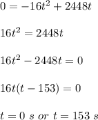 0=-16t^2+2448t\\\\16t^2=2448t\\\\16t^2-2448t=0\\\\16t(t-153)=0\\\\t=0\ s\ or\ t=153\ s