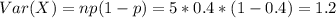 Var (X) = np(1-p) = 5*0.4*(1-0.4)=1.2