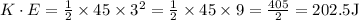 K \cdot E=\frac{1}{2} \times 45 \times 3^{2}=\frac{1}{2} \times 45 \times 9=\frac{405}{2}=202.5 \mathrm{J}