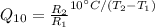 Q_{10} = \frac{R_{2}}{R_{1}}^{10^{\circ} C/(T_{2}-T_{1})}