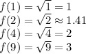 f(1) = \sqrt{1} = 1\\f(2) = \sqrt{2} \approx 1.41\\f(4) = \sqrt{4} = 2\\f(9) = \sqrt{9} = 3