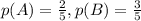 p(A) = \frac{2}{5}, p(B) = \frac{3}{5}