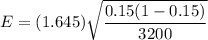 E=(1.645)\sqrt{\dfrac{0.15(1-0.15)}{3200}}
