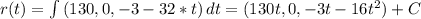 r(t) = \int\limits {(130,0,-3-32*t)} \, dt  = (130t , 0 , -3t -16t^2) + C\\