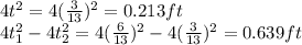 4t^2 = 4 (\frac{3}{13})^2 = 0.213 ft\\4t^2_{1}  - 4t^2_{2}  = 4 (\frac{6}{13})^2 - 4 (\frac{3}{13})^2= 0.639 ft\\