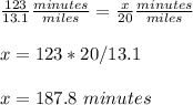 \frac{123}{13.1}\frac{minutes}{miles}=\frac{x}{20}\frac{minutes}{miles}\\ \\x=123*20/13.1\\ \\x=187.8\ minutes