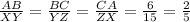 \frac{AB}{XY} = \frac{BC}{YZ} = \frac{CA}{ZX} = \frac{6}{15} = \frac{2}{5}