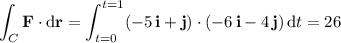 \displaystyle\int_C\mathbf F\cdot\mathrm d\mathbf r=\int_{t=0}^{t=1}(-5\,\mathbf i+\mathbf j)\cdot(-6\,\mathbf i-4\,\mathbf j)\,\mathrm dt=26