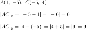 A(1,\ -5),\ C(-5,\ 4)\\\\|AC|_x=|-5-1|=|-6|=6\\\\|AC|_y=|4-(-5)|=|4+5|=|9|=9